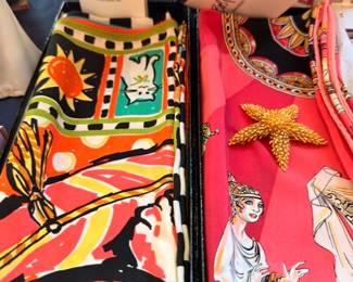 Vintage colorful silk scarves with retro prints and starfish brooch