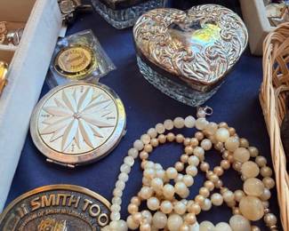 Silver heart trinket boxes, vintage compact, Smith Tool belt buckle, pearl necklaces