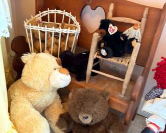 Vintage wooden doll bed, stuffed teddy bears, plush animals, children's toys lot