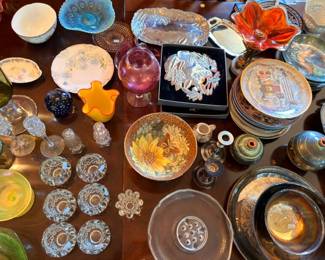 Assorted vintage glassware, carnival glass, crystal bowls, art glass, china plates, collectible lot