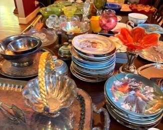 Assorted china plates, silver-plated serving dishes, decorative glassware, collectible tableware lot