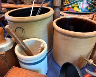Antique stoneware crock collection, salt-glazed pottery, mortar and pestle