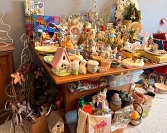 Christmas decor table, white tree, angel figurines, gingerbread ornaments, holiday collectibles lot
