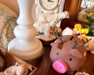 Vintage mantel clock, ceramic piggy bank, table lamp, collectible figurines, home decor lot