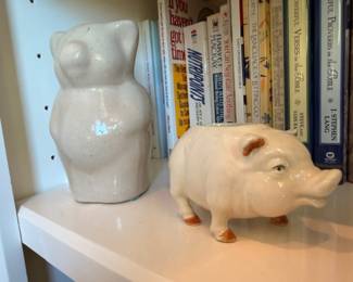 Ceramic pig and cat figurines, decorative shelf collectibles