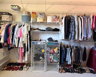 Full closet lot, men's women's clothing on hangers, wire bins, shoes, accessories