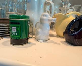 Irish Post Box salt tin, white ceramic cat figurine, Fiesta pitcher, kitchen collectibles