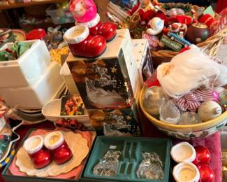 Christmas ornaments, Santa figurines, candles, holiday table decor lot