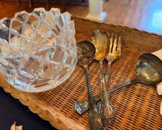 Crystal cut glass bowl with silverplate serving spoons ladles, vintage entertaining set