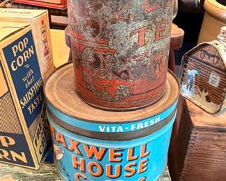 Vintage Maxwell House Coffee Vita-Fresh tin, Pop Corn box, antique advertising collectibles