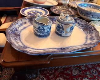 Blue and white china platter with sugar creamer set, Blue Willow style, vintage transferware pottery
