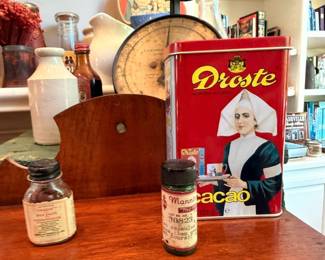 Vintage Droste cacao tin, antique bottles, Dutch advertising collectible
