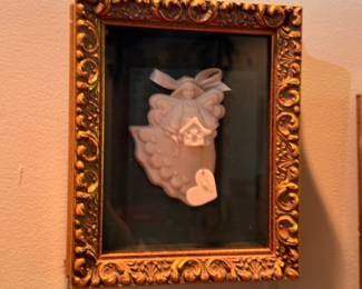 Angel cherub figurine in ornate gold frame shadow box, religious decor, wall display