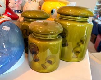 Vintage green ceramic canister set, mushroom design, kitchen storage jars, retro 70s