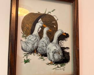 Signed framed wildlife art print, geese painting, rustic wood frame