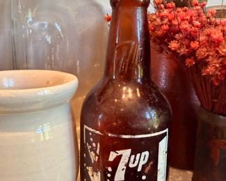Vintage brown glass 7UP bottle, antique glass jug, stoneware crock