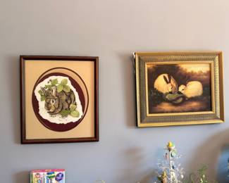 Framed needlework cross-stitch animals, gold framed rabbit painting, wall art pair