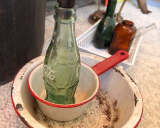 Vintage enamelware bowl red trim, antique green glass bottle, kitchen collectibles