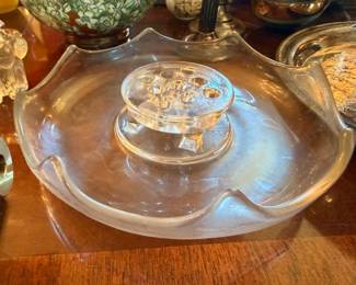 Antique glass inkwell on pen tray, vintage desk accessory, clear glass writing set