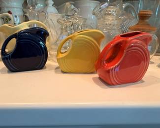 Fiesta disc pitchers, cobalt navy yellow red, vintage ceramic pottery collectible