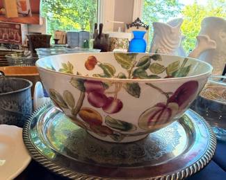 Hand-painted floral porcelain bowl on silver plate, fruit pattern china, vintage serving piece