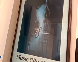 Framed Nashville Music City USA print, blue violin fiddle art, country music wall art