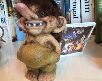 Vintage troll doll figurine, wild hair, collectible toy, travel books lot