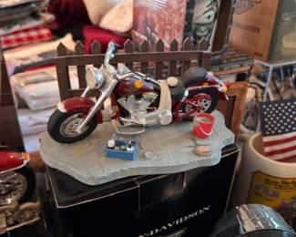 Harley Davidson motorcycle replica model, American flag, HD man cave display collectible