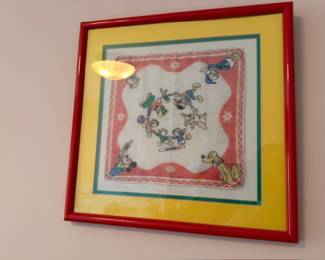 Framed vintage Disney handkerchief, Mickey Mouse characters, Disney collectible textile art