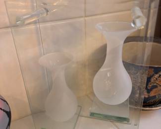 Frosted white glass vases, decorative glass collection, shelf display lot