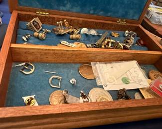 Vintage men's jewelry box with cufflinks, tie clips, coins, belt buckles, accessories lot