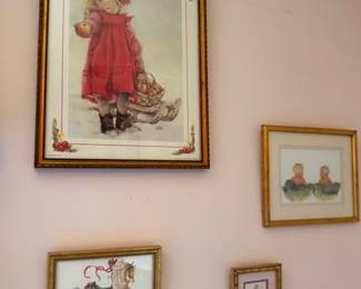 Vintage framed children's illustration prints, gallery wall art, gold frames, storybook art