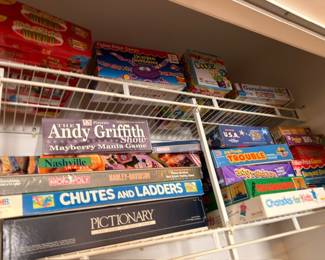 Vintage board games, Andy Griffith Mayberry Mania, Chutes and Ladders, Monopoly, Pictionary, Trouble