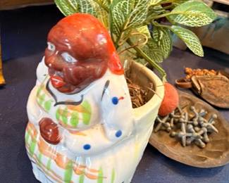 Vintage ceramic figural clown planter with polka dots, decorative pottery