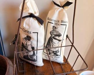 Decorative Grits and Buttermilk Biscuit Mix cloth bags, wire basket, Southern kitchen decor