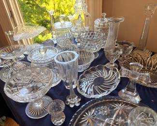 Crystal glass collection, candlesticks, compotes, bowls, vases, pressed glass, elegant glassware lot