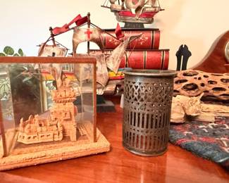 Carved castle cathedral model, metal lantern candle holder, model ship, vintage collectibles lot