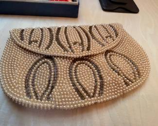 Vintage pearl-beaded evening clutch purse, scallop design