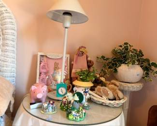 Glass-top accent table, collectible figurines, wicker basket, floor lamp, home decor lot