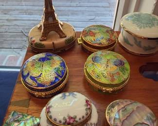 Cloisonne butterfly trinket boxes, Eiffel Tower figurine, porcelain hinged box, abalone shell box