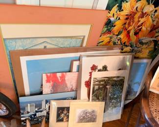 Framed artwork lot, sunflower painting, landscapes, assorted prints and wall art collection