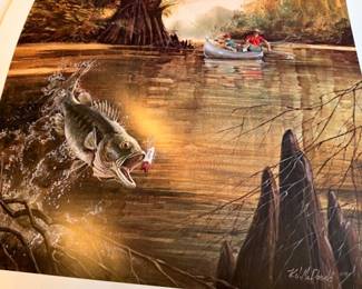 Bass fishing lake scene print, jumping fish canoe sunset, outdoor sportsman wall art