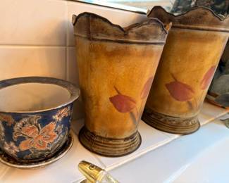 Painted autumn leaf metal vases, cloisonne style bowl, decorative vessels lot