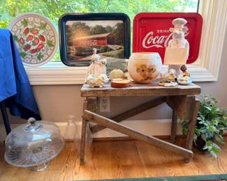 Coca-Cola tray, Drink Coca-Cola sign, glass cake dome, figurines, rustic table collectibles lot