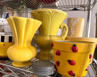 Yellow pottery vases ladybug planter, vintage glazed ceramic collection, fluted vase garden decor