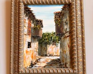 Oil painting Mediterranean village street scene, ornate gold gilt frame, fine art
