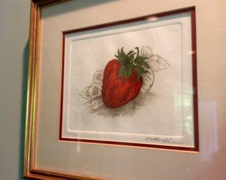 Framed strawberry watercolor painting, signed fruit still life art, kitchen wall decor