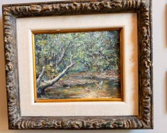Oil painting woodland stream landscape, ornate carved gold frame, fine art