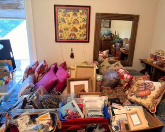 Living room overview, framed wall art, throw pillows, globe, mirror, picture frames, home decor lot