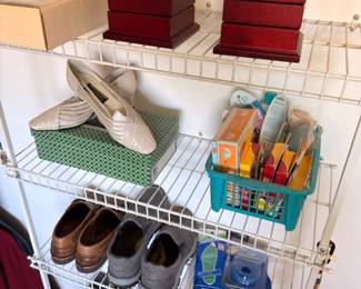 Closet shelving lot, men's shoes, storage boxes, toiletries, personal care items